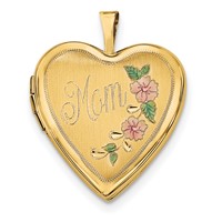 14K Yellow Gold Pink and Green Enameled Floral Mom Script 20mm Heart Locket view 1