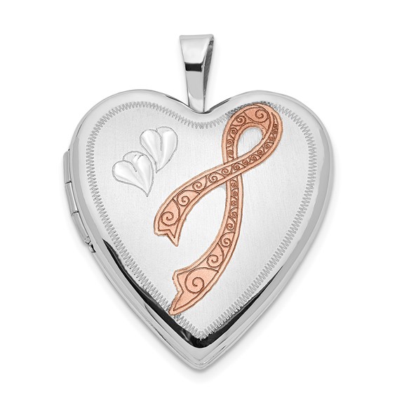 14K 20mm White Gold Enameled Breast Cancer w/ Hearts Heart Locket