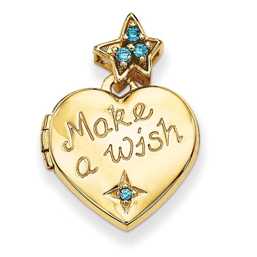 14K Yellow Gold Blue CZ Make a Wish (Charm Inside Locket) 15mm Heart Locket