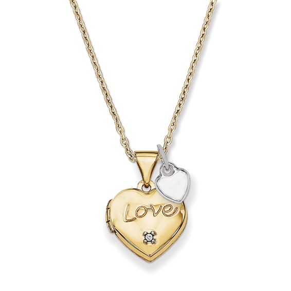 14k Two-tone Diamond LOVE with Poem on Reverse with Heart Charm 12mm Heart Locket