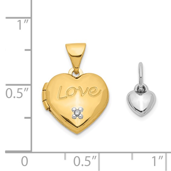 14k Two-tone Diamond LOVE with Poem on Reverse with Heart Charm 12mm Heart Locket