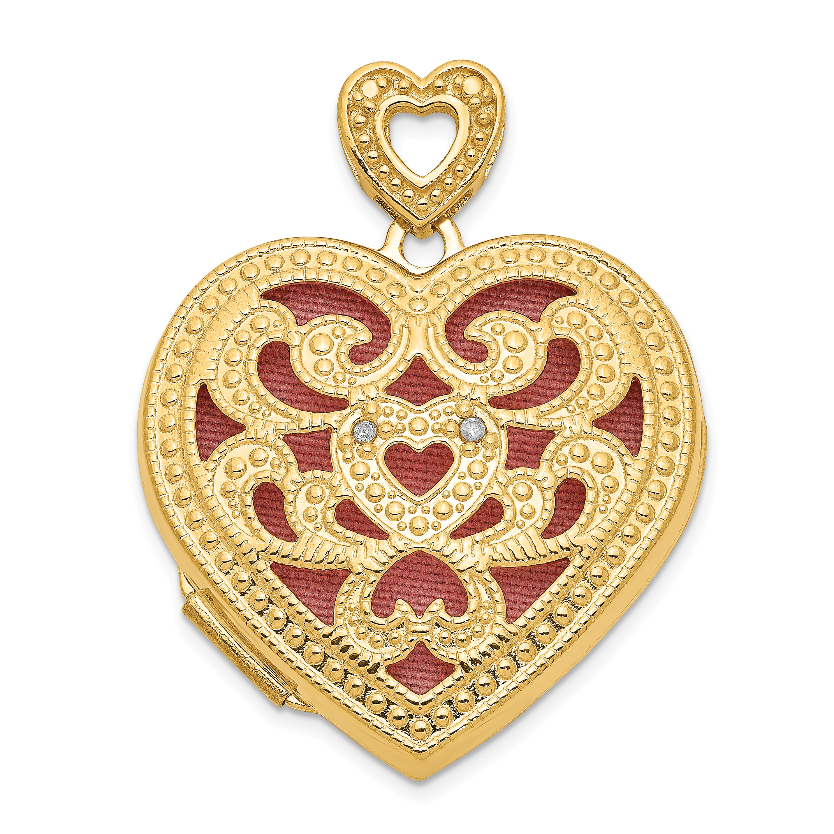 14k Diamond Vintage Filigree with Pink Fabric Interior 24mm Heart Locket (XL647)