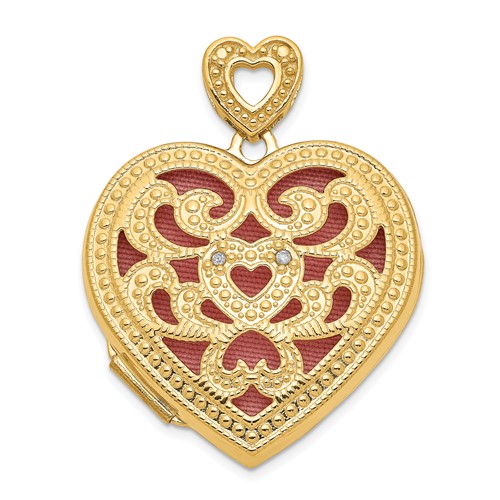 14K Yellow Gold Diamond Vintage Filigree with Pink Fabric Interior 24mm Heart Locket