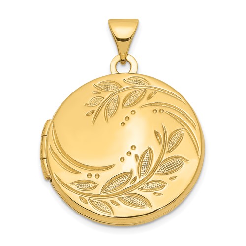 14K Yellow Gold Polished Leaves 20mm Round Locket