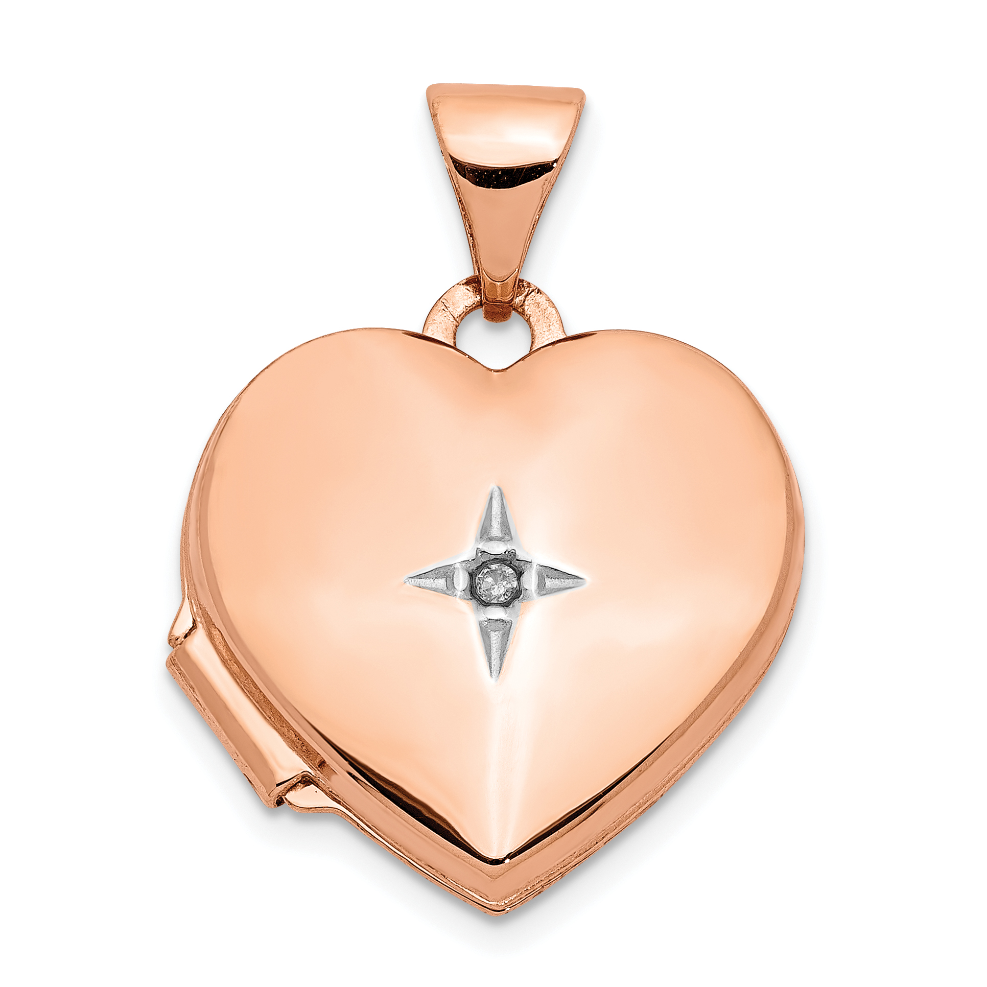 14k Rose Gold Polished Diamond Star 15mm Heart Locket (XL661)