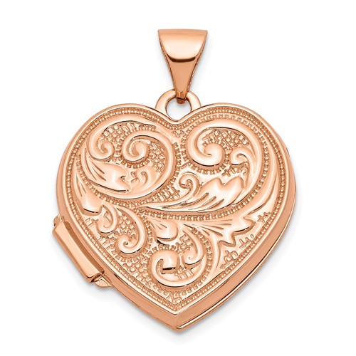 14K Rose Gold Scrolled Design Reverses to Love You Always Script 18mm Heart Locket