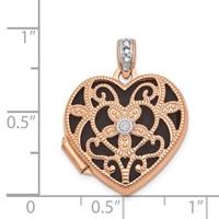 14K Rose Gold Diamond Vintage Filigree with Black Fabric Interior 18mm Heart Locket view 5