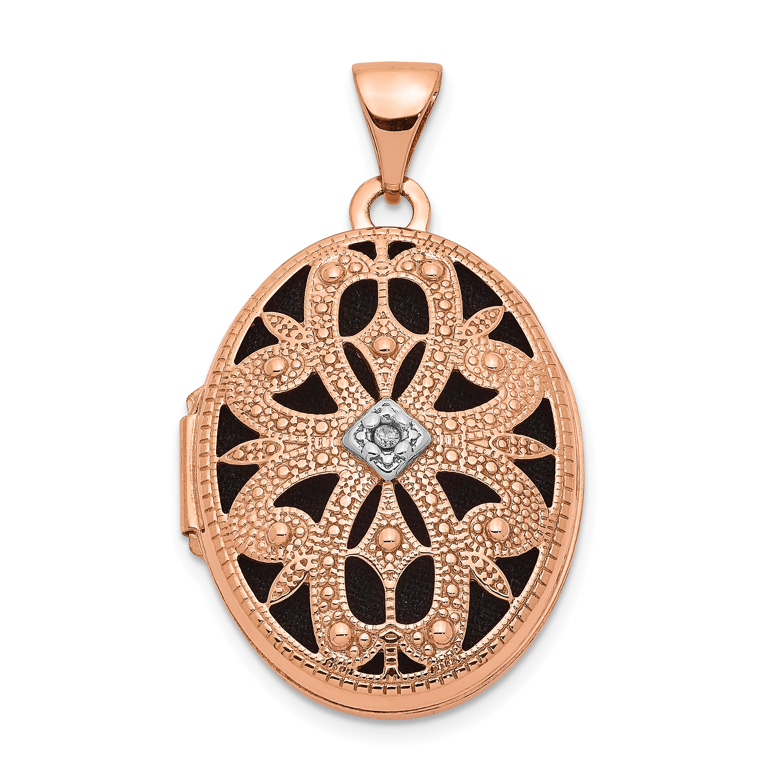 14K Rose Gold Diamond Vintage Filigree with Black Fabric Interior 21mm Oval Locket (XL671)