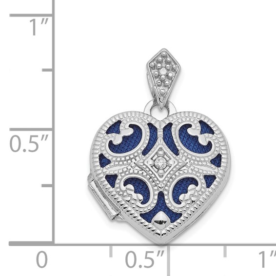 14k White Gold Diamond Vintage Filigree with Blue Fabric Interior 15mm Heart Locket
