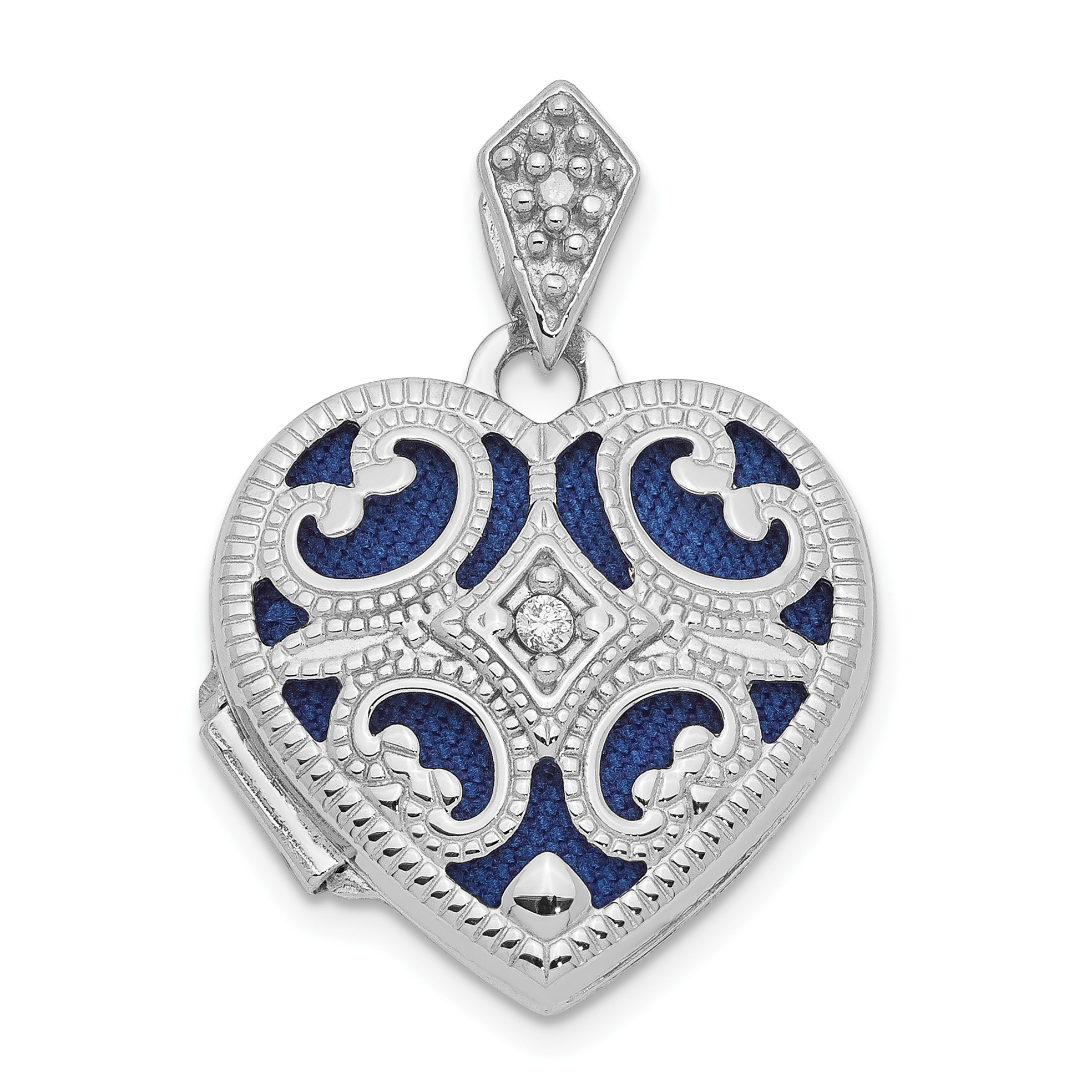14k White Gold Diamond Vintage Filigree with Blue Fabric Interior 15mm Heart Locket (XL693)