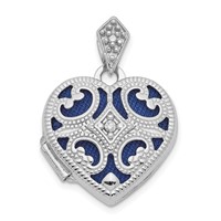 14K White Gold Diamond Vintage Filigree with Blue Fabric Interior 15mm Heart Locket view 1
