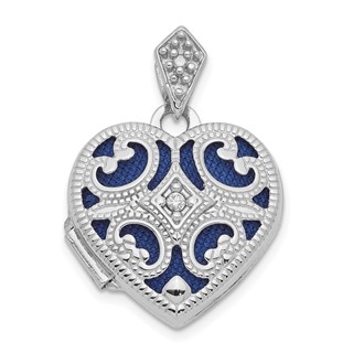 14k White Gold Diamond Vintage Filigree with Blue Fabric Interior 15mm Heart Locket