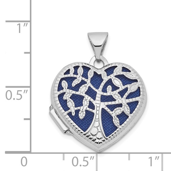 14k White Gold Cut-out Tree of Life with Blue Fabric Interior 18mm Heart Locket