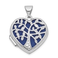 14K White Gold Cut-out Tree of Life with Blue Fabric Interior 18mm Heart Locket view 1
