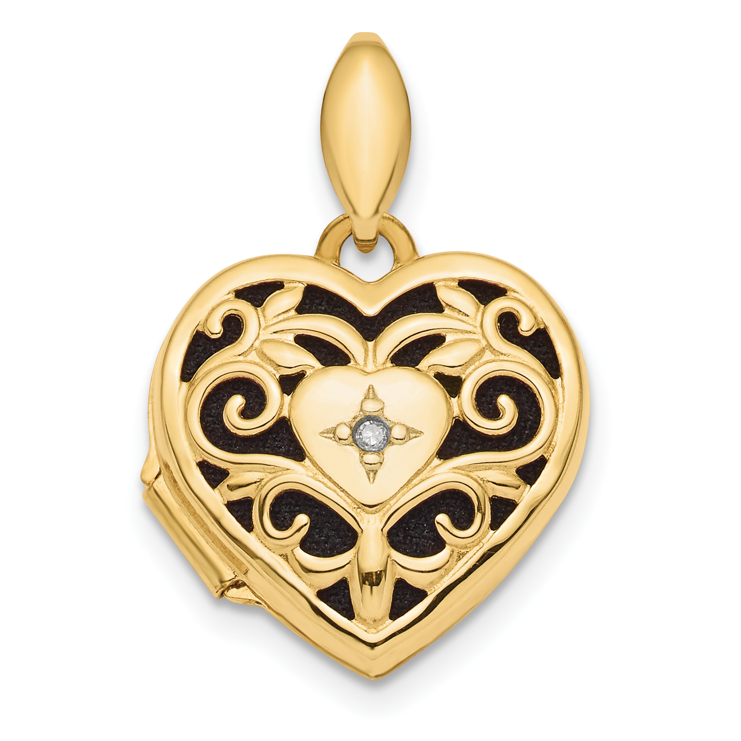 14k Polished Filigree w/ Black Fabric Diamond Heart Locket (XL714)