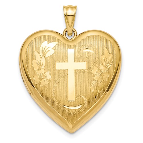 14K Yellow Gold Textured and Diamond-cut Floral Cross Ash Holder 24mm Heart Locket