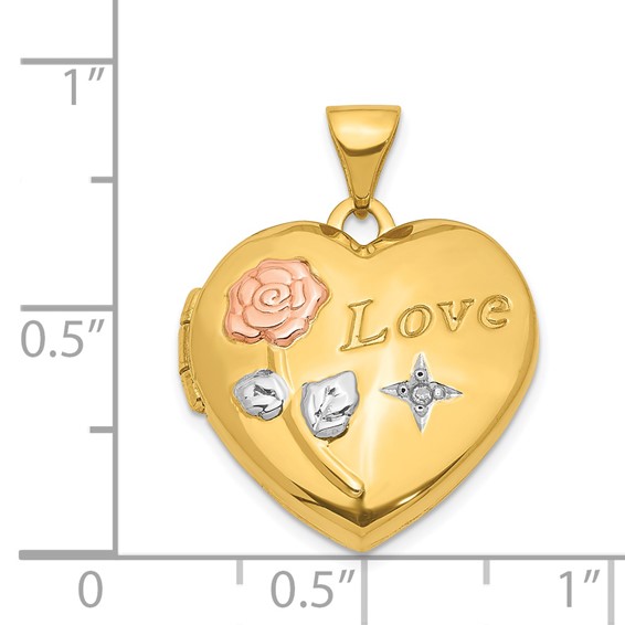 14K with White and Rose Rhodium LOVE Rose and Diamond Star 19mm Heart Locket