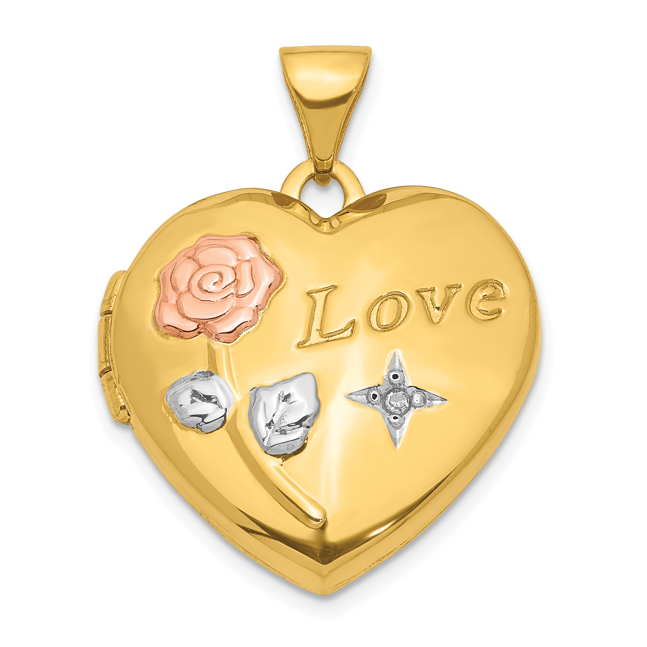 14K with White and Rose Rhodium LOVE Rose and Diamond Star 19mm Heart Locket (XL735)