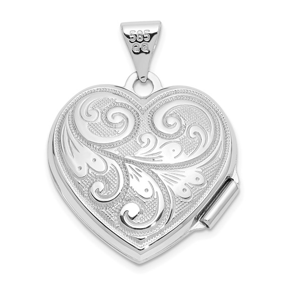 14k White Gold Scroll Design Reversible 19mm Heart Locket