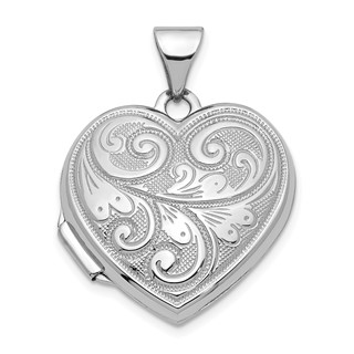 14k White Gold Scroll Design Reversible 19mm Heart Locket