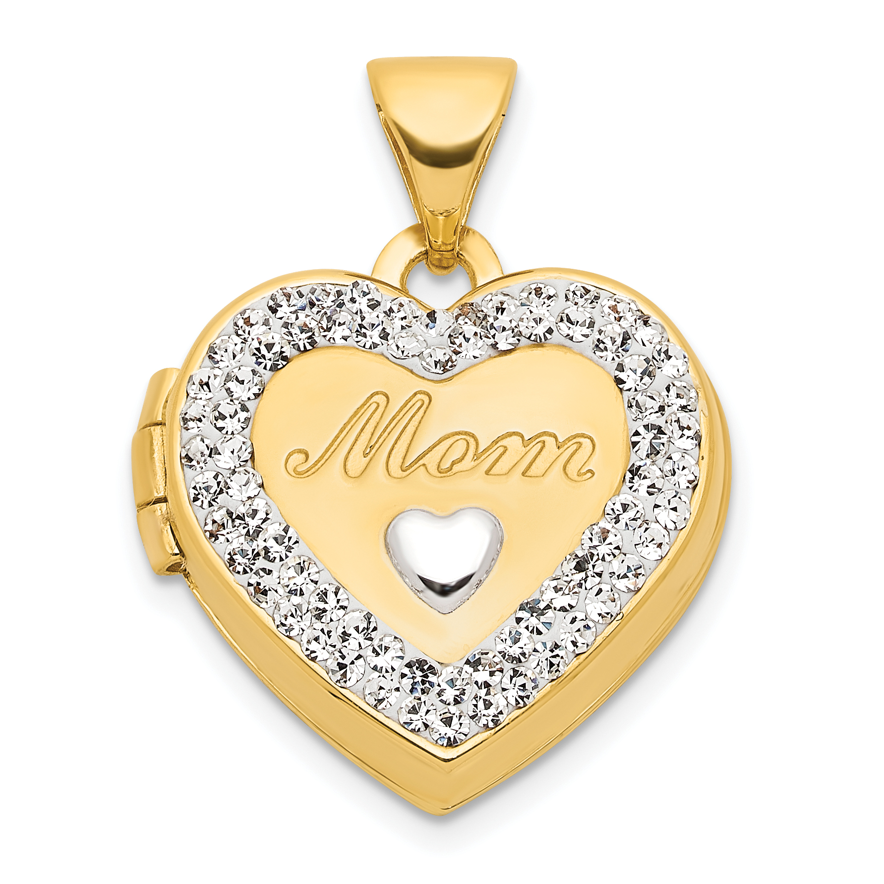 14K w/ White Rhodium Crystal 16mm MOM Heart Locket Pendant (XL753)