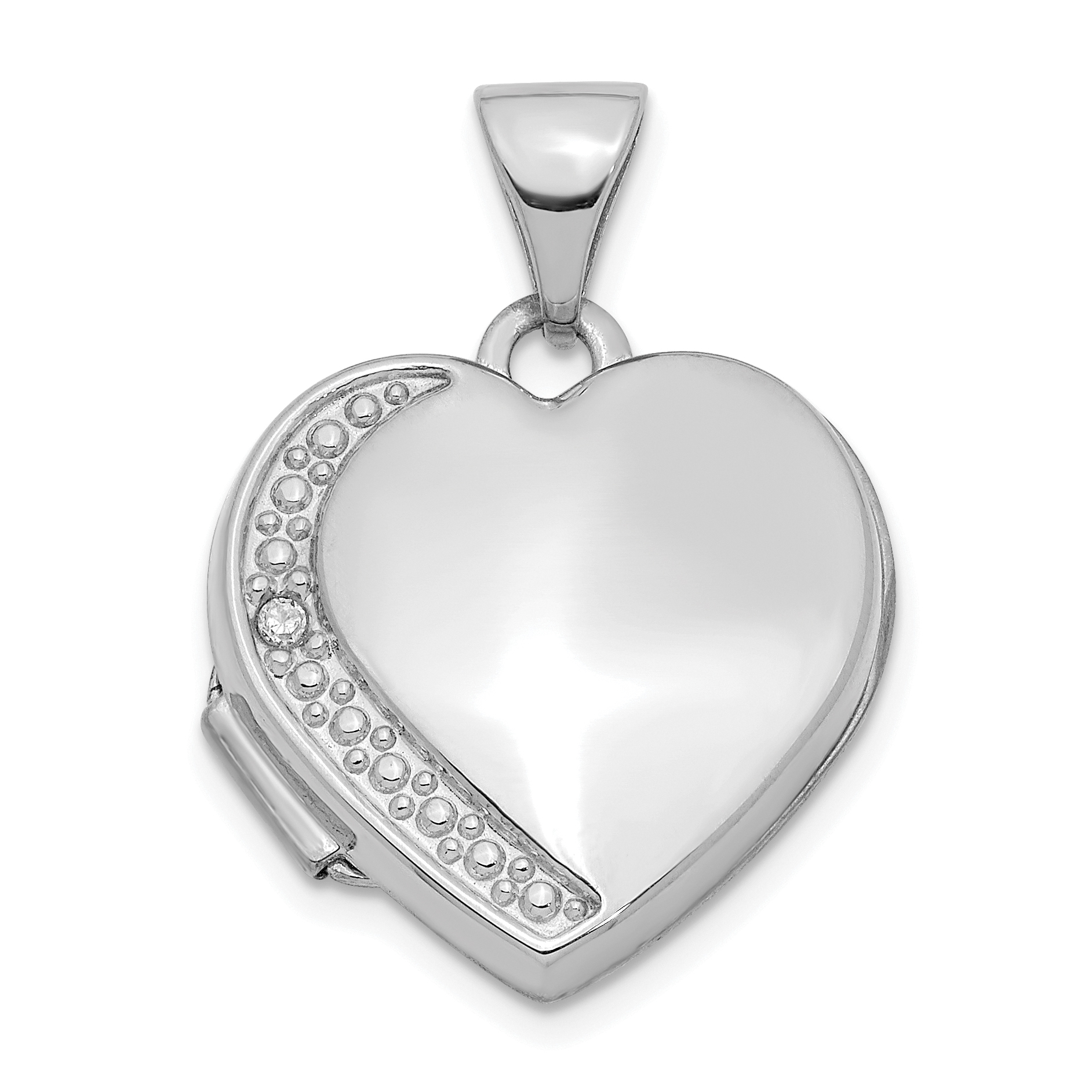 14K White Gold Polished and Textured Diamond 16mm Heart Locket (XL755)