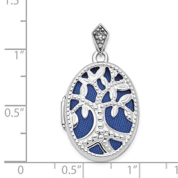 14K White Gold Diamond Cut-out Tree with Blue Fabric Interior 23mm Oval Locket