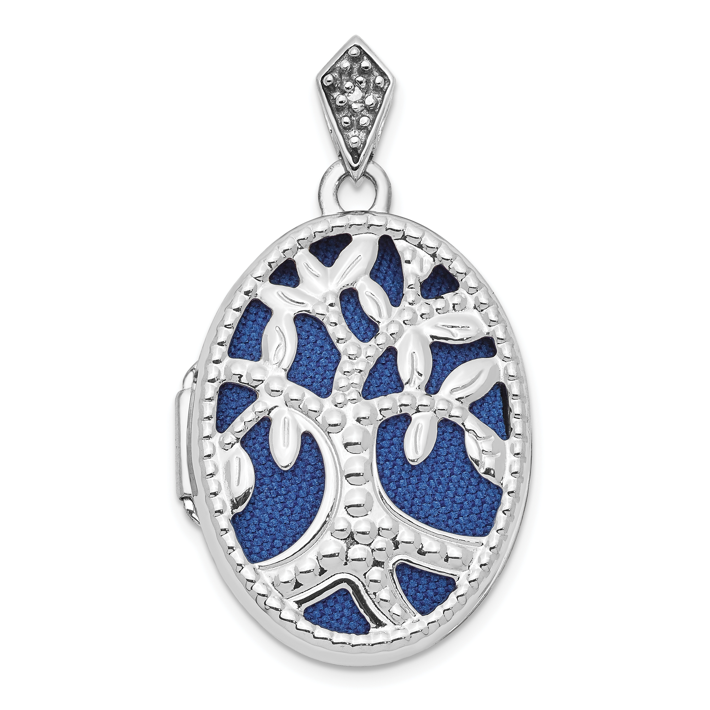 14K White Gold Diamond Cut-out Tree with Blue Fabric Interior 23mm Oval Locket (XL769)