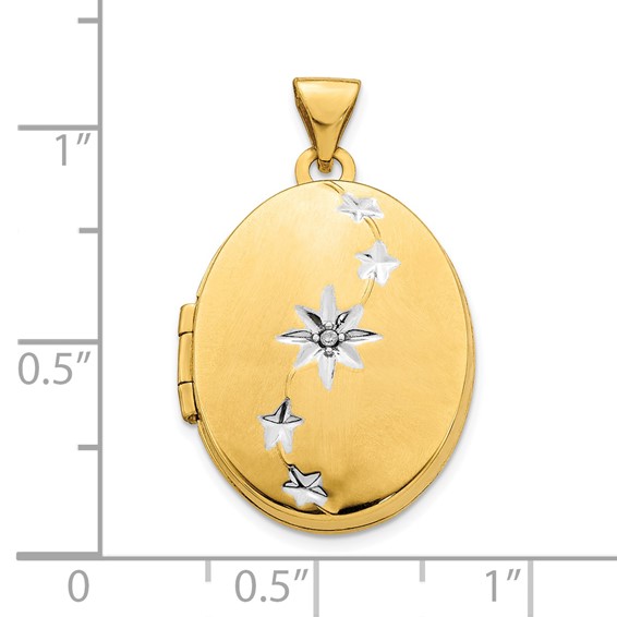 14k with White Rhodium Brushed and Polished Diamond Stars 21mm Oval Locket