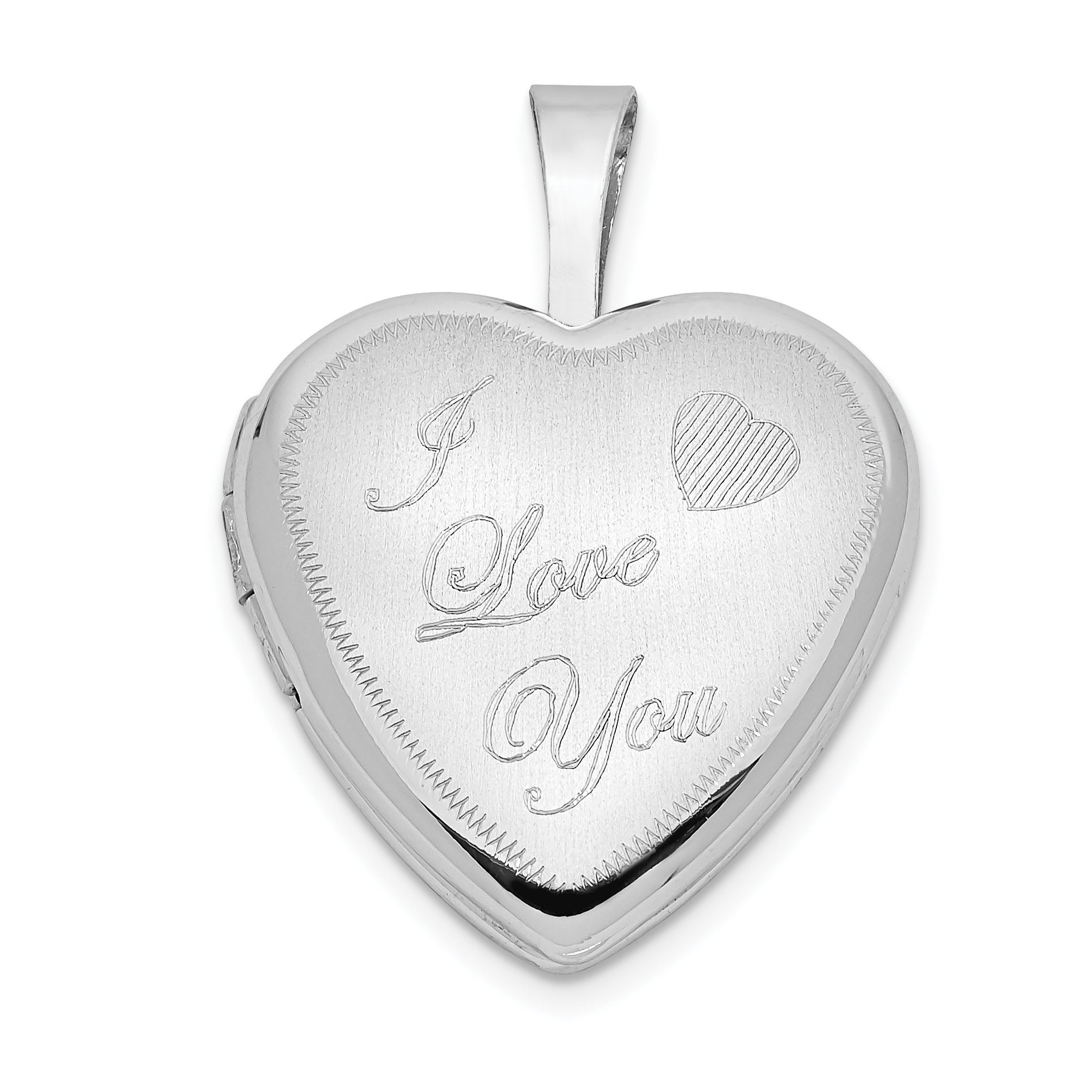 14k White Gold Polished and Satin I LOVE YOU Script 16mm Heart Locket (XL789)