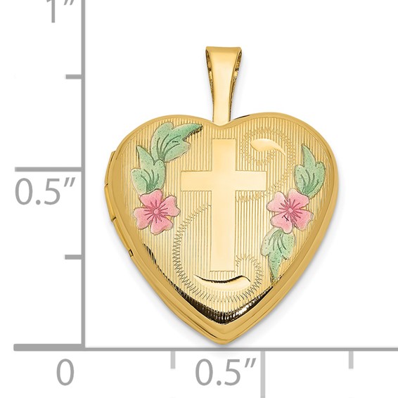 14k Pink and Green Enamel Floral Cross 16mm Heart Locket