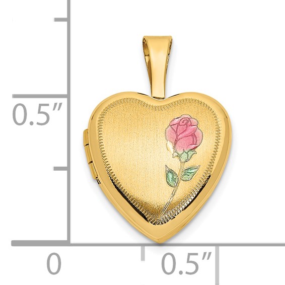 14k Satin with Pink and Green Enamel Rose 12mm Heart Locket