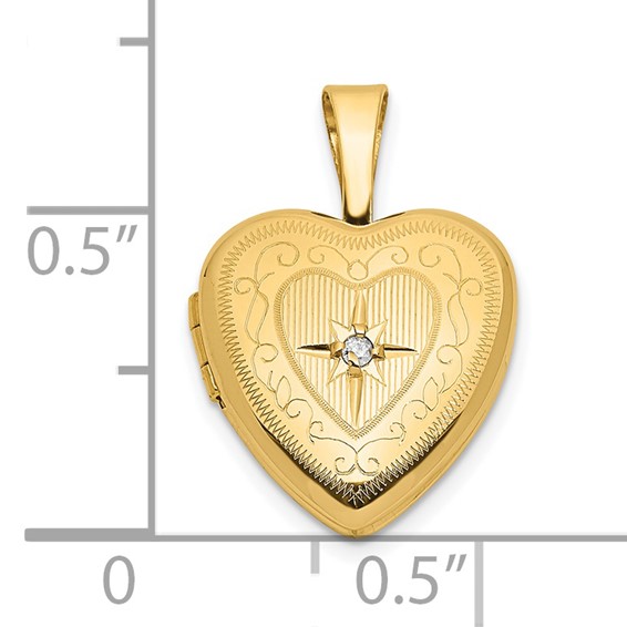 14k Polished Scrolled Border .01ct. Diamond Star 12mm Heart Locket