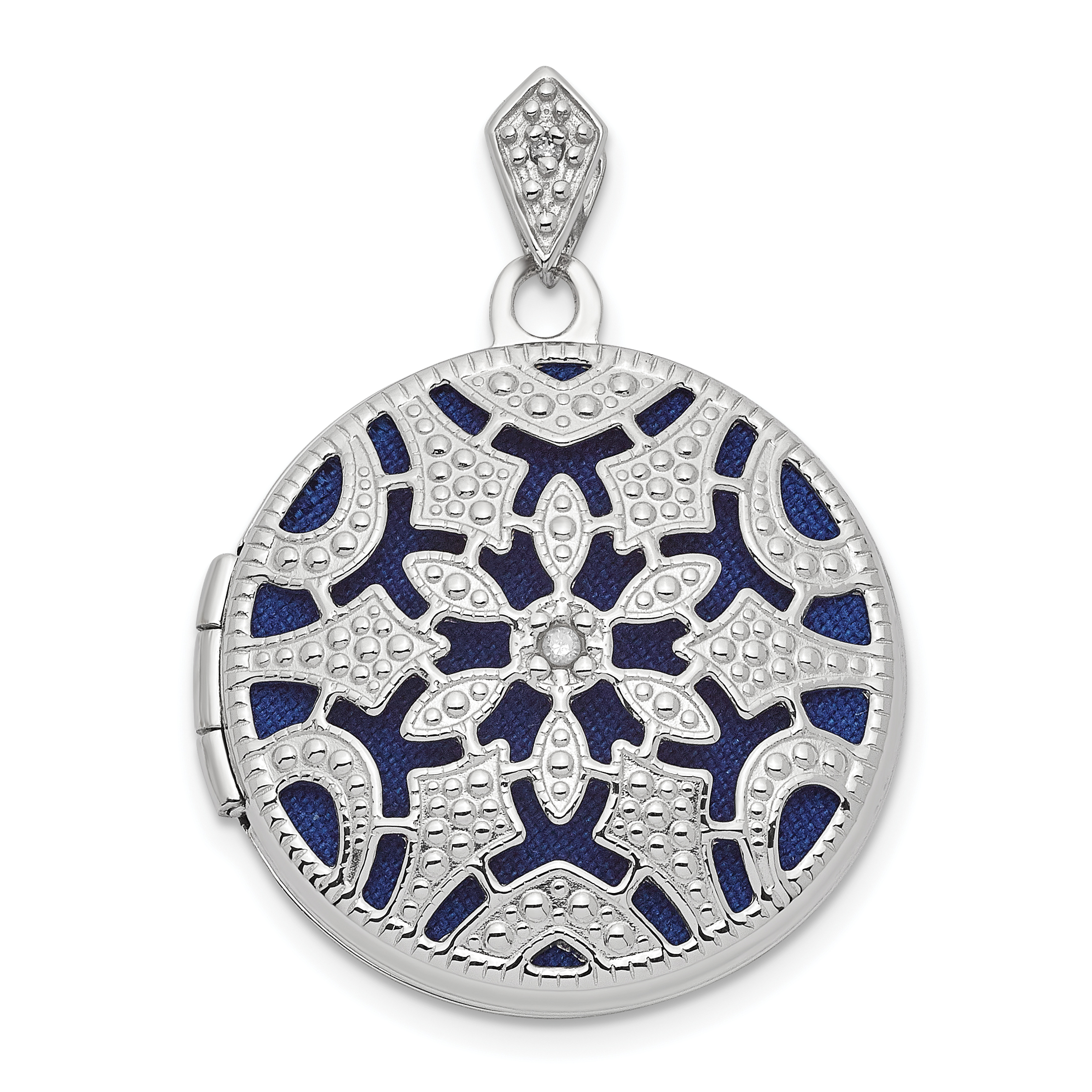 14k White Gold  .01ct Diamond Vintage Filigree with Blue Fabric Interior 20mm Round Locket (XL829)