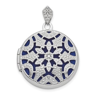 14k White Gold  .01ct Diamond Vintage Filigree with Blue Fabric Interior 20mm Round Locket