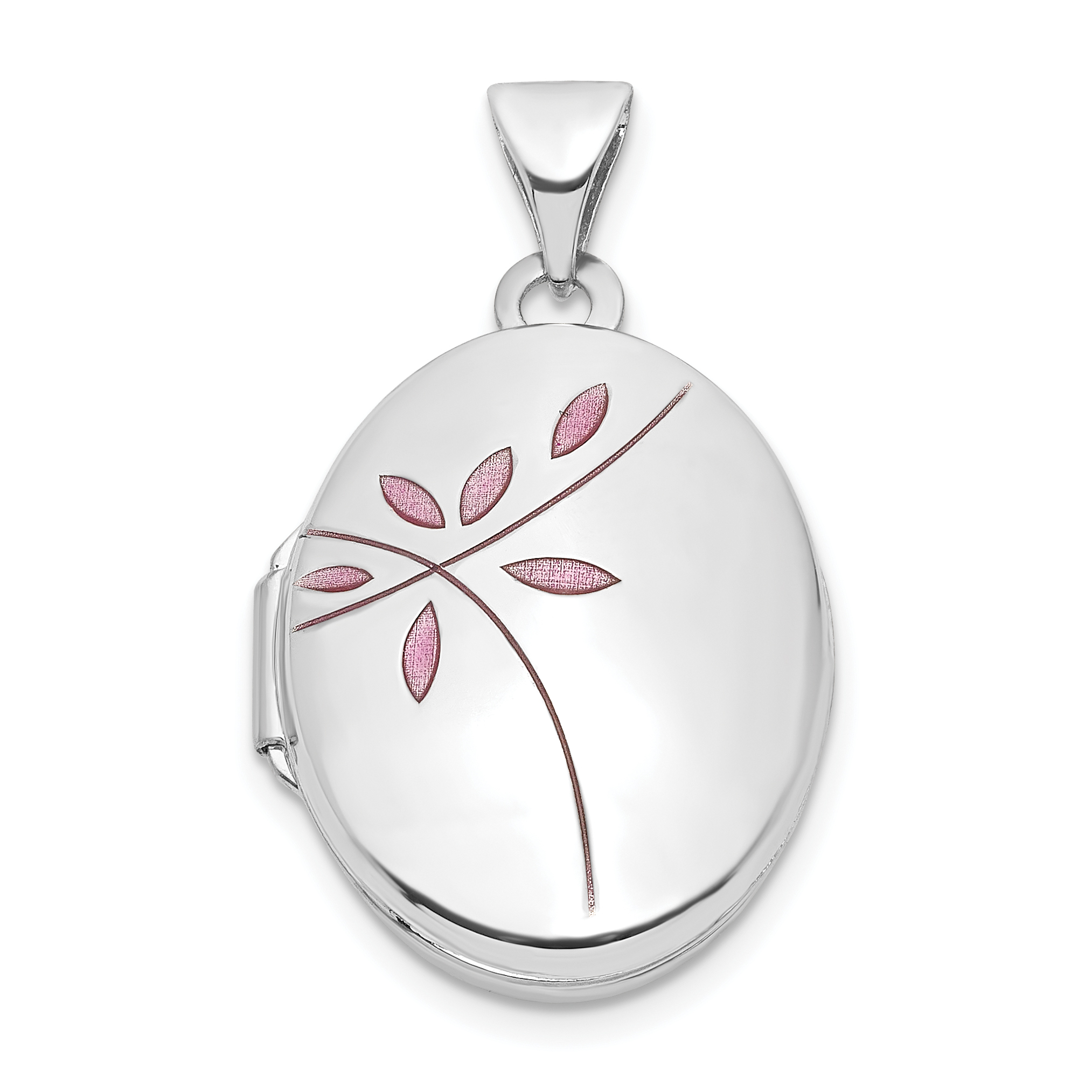 14k White Gold Pink Enamel Leaves 19mm Oval Locket (XL831)
