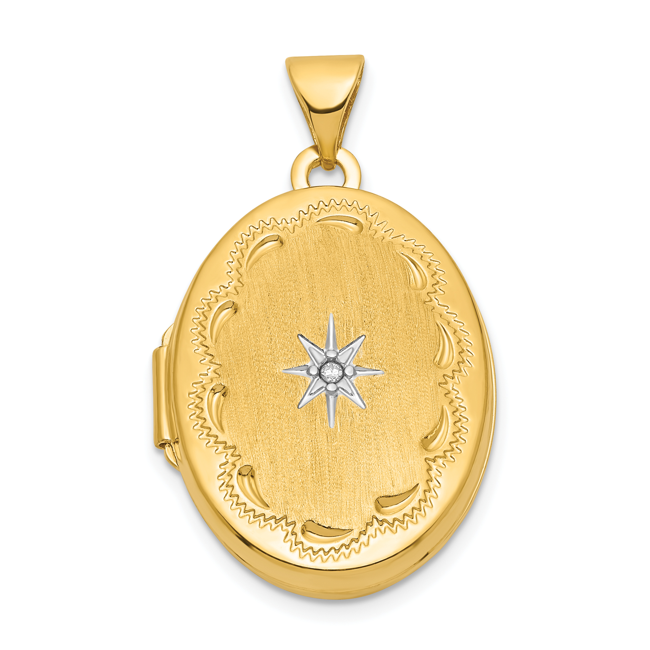 14k with White Rhodium Brushed Diamond Star 21mm Oval Locket (XL836)