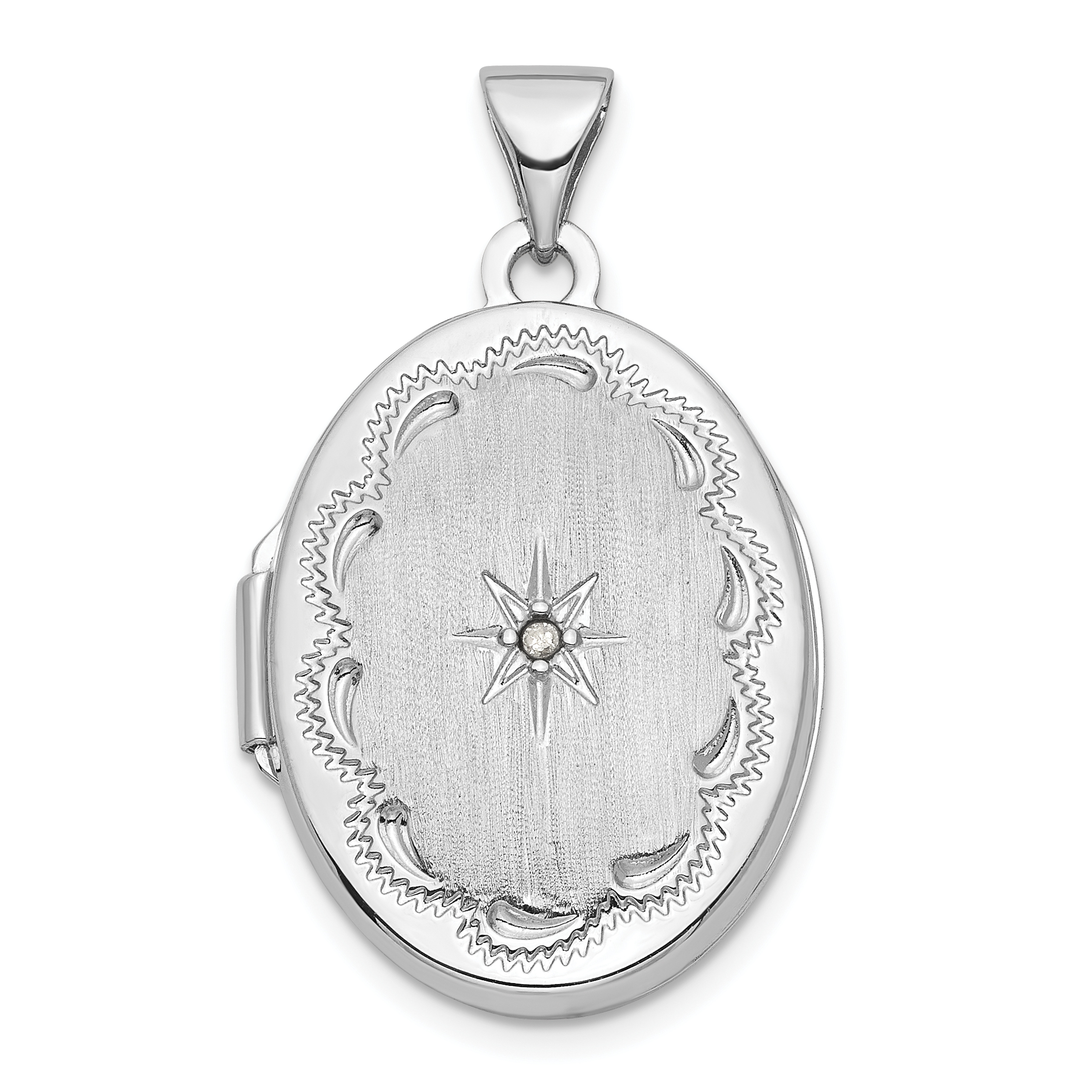14k White Gold Brushed Diamond Star 21mm Oval Locket (XL837)