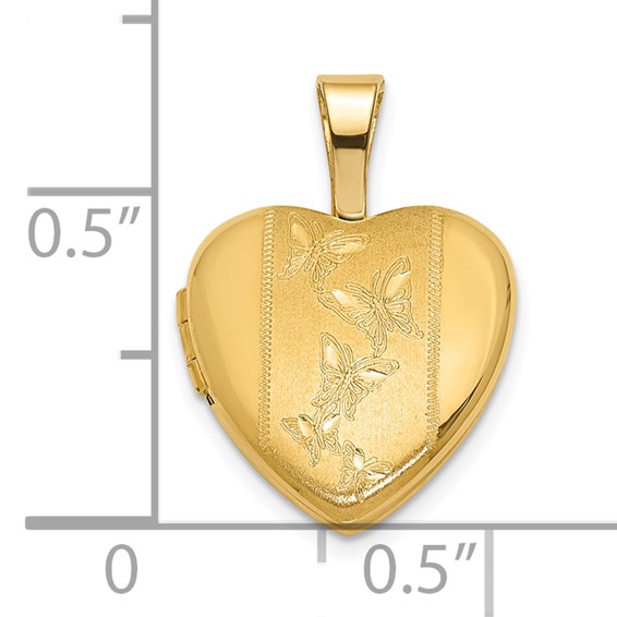 14K Polished and Satin Butterflies 12mm Heart Locket