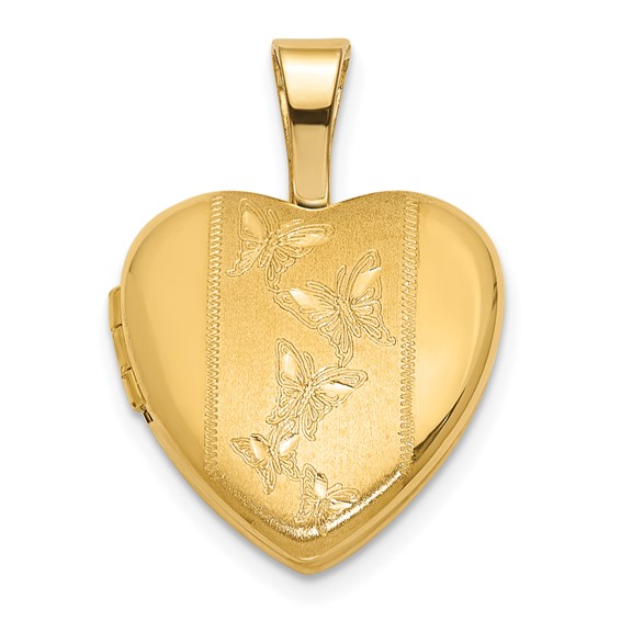 14K Polished and Satin Butterflies 12mm Heart Locket