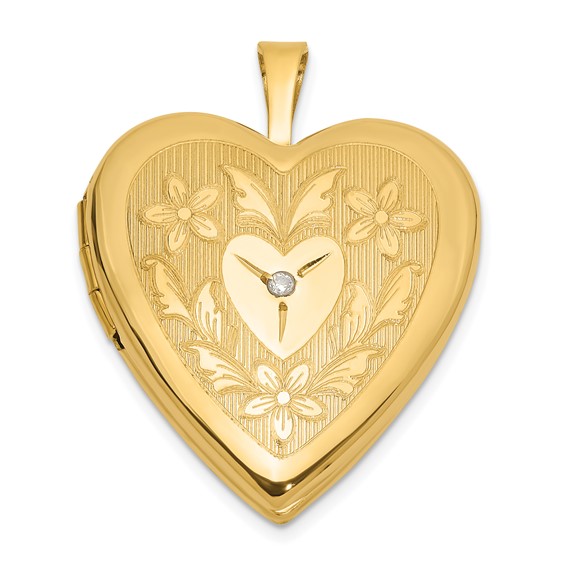 14K Polished Floral Design Diamond Center 20mm Heart Locket
