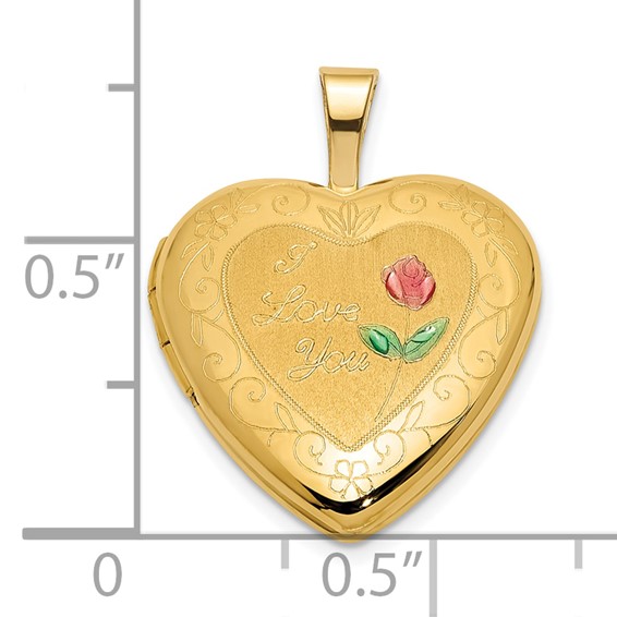 14K Polished and Satin Pink and Green Enamel Rose I LOVE YOU Script 16mm Heart Locket