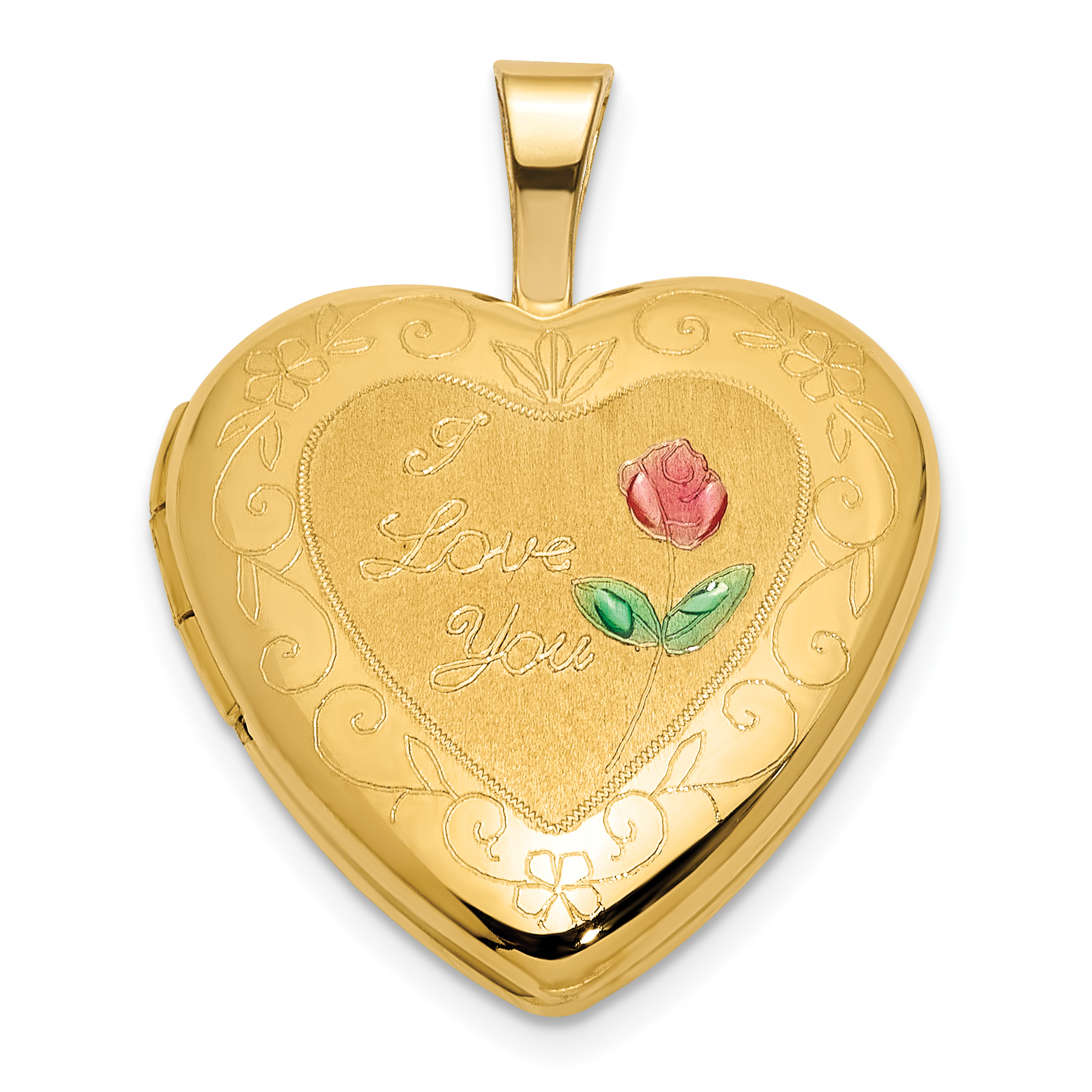 14K Polished and Satin Pink and Green Enamel Rose I LOVE YOU Script 16mm Heart Locket (XL849)