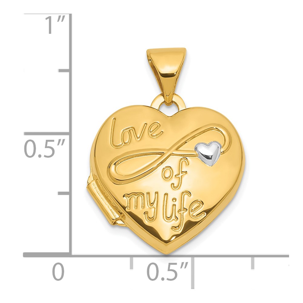 14K and White Rhodium Polished LOVE OF MY LIFE with Infinity 15mm Heart Locket (XL856)
