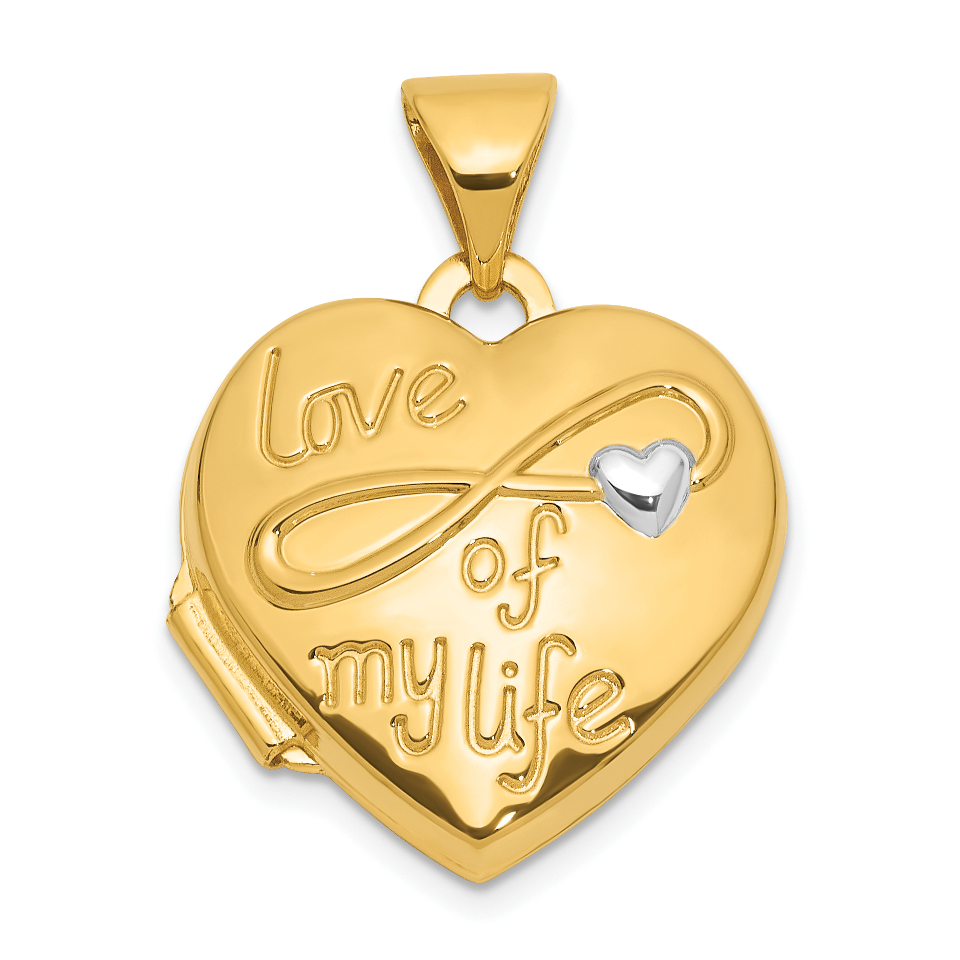 14K and White Rhodium Polished LOVE OF MY LIFE with Infinity 15mm Heart Locket (XL856)