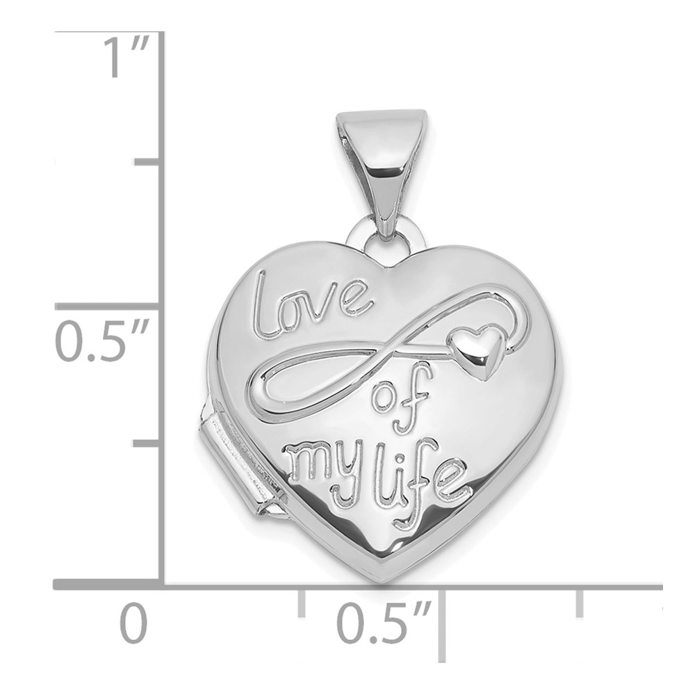 14K white Gold Polished LOVE OF MY LIFE with Infinity 15mm Heart Locket (XL856W)