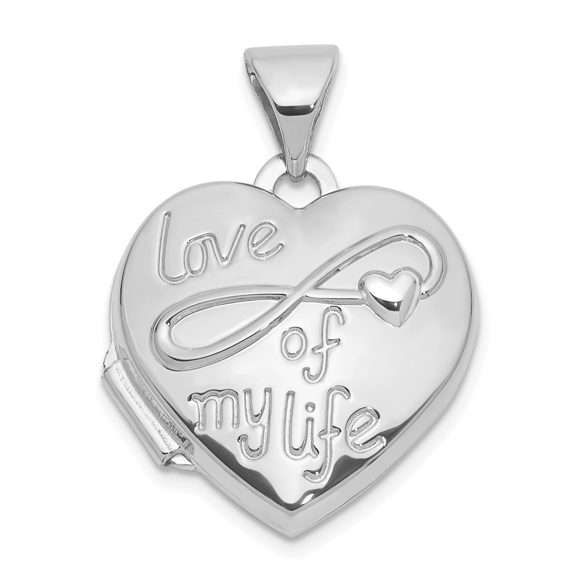 14K white Gold Polished LOVE OF MY LIFE with Infinity 15mm Heart Locket (XL856W)