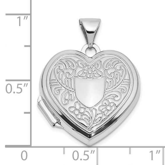 14k White Gold Polished Fancy Floral Border and Crest 18mm Heart Locket