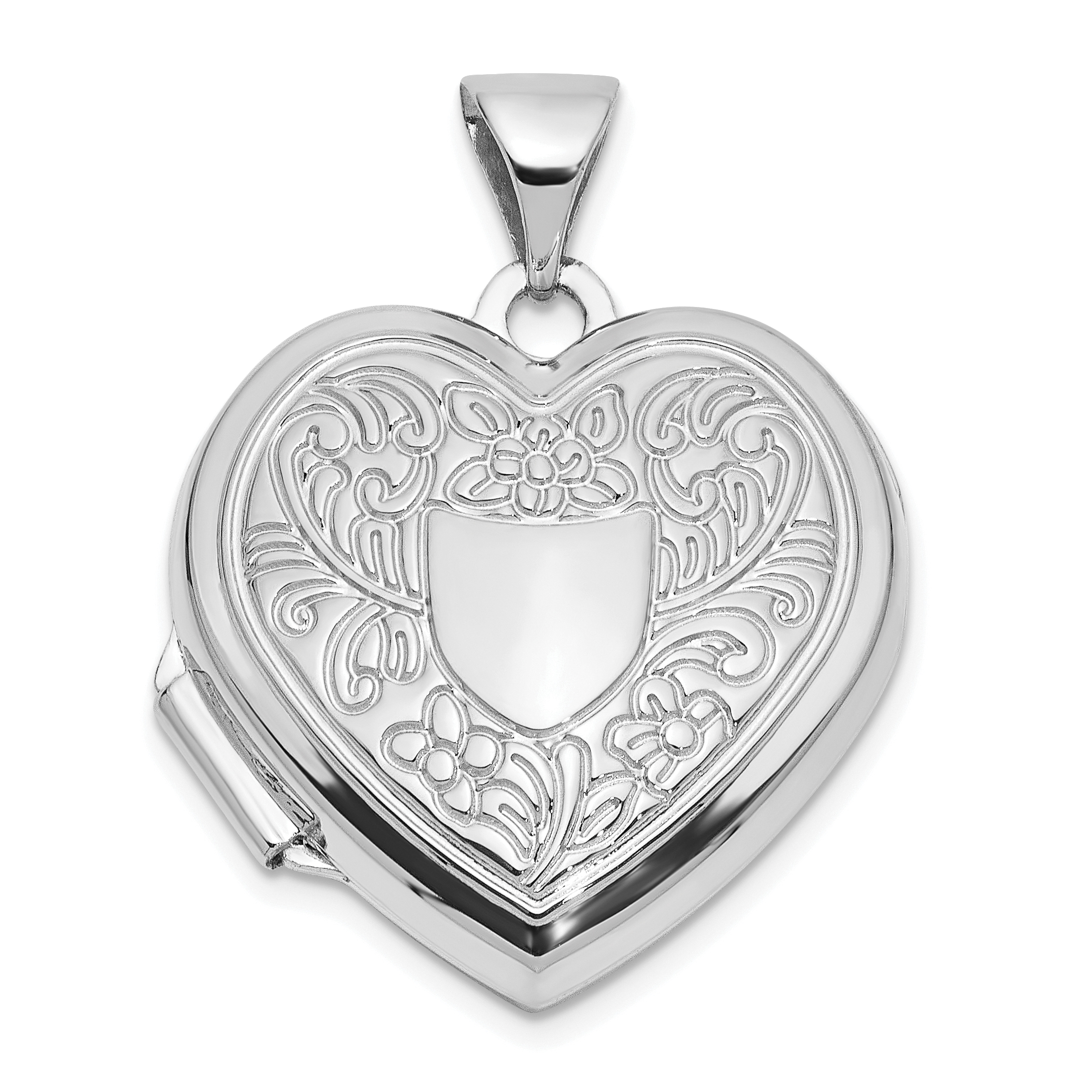 14k White Gold Polished Fancy Floral Border and Crest 18mm Heart Locket (XL858W)