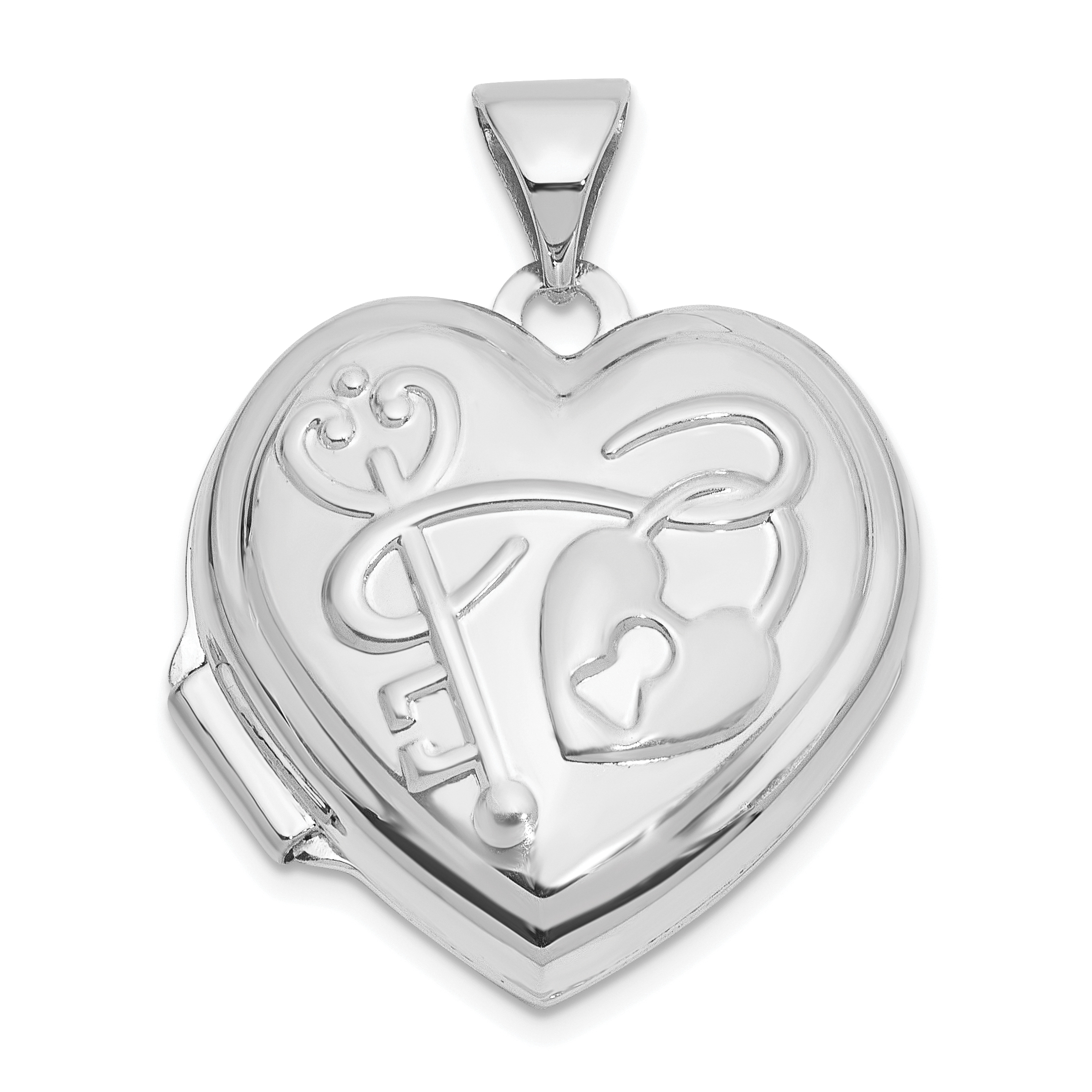 14K White Gold Lock and Key Reverses to YOU HOLD THE KEY TO MY HEART 18mm Heart Locket (XL859W)